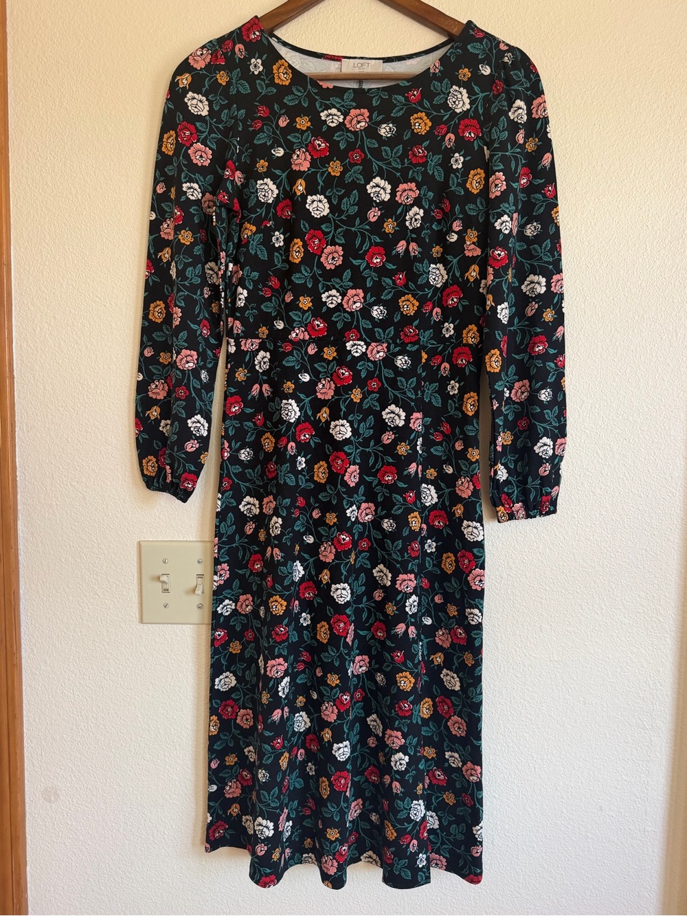 LOFT Black Floral Long-Sleeve Midi Dress with Red, Pink & Mustard Blooms